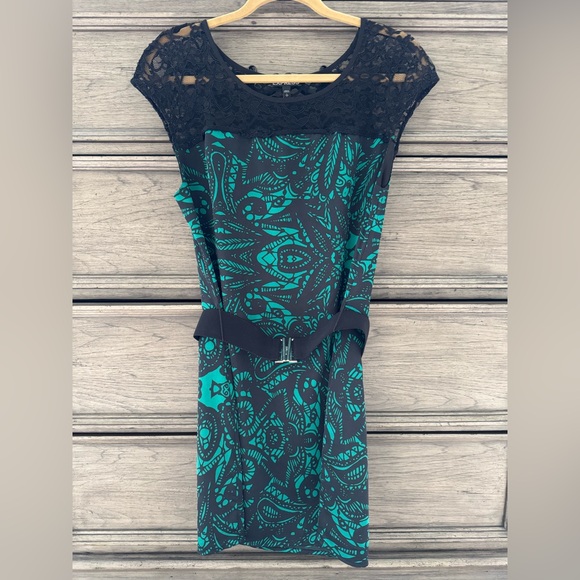 Express Floral Silk Dress EUC Black Green Paisley Lace Belted Sheath Y2k Satin - Picture 3 of 15